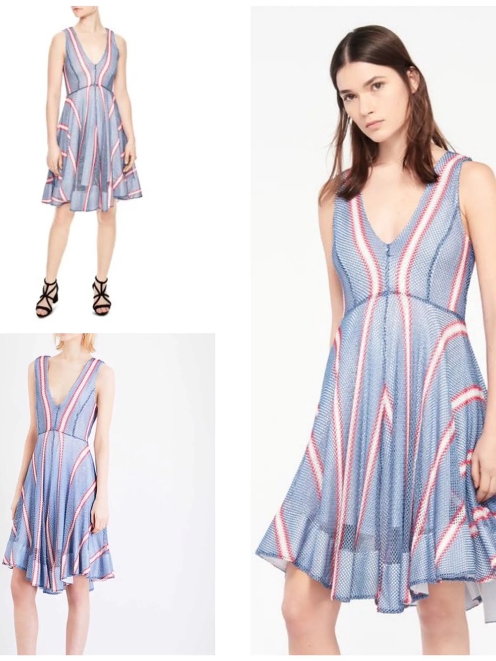 Sandro Paris Sleeveless Chear Striped Mesh Dress In Blue Denim